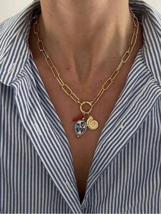 New! Blue Oil Drip Porcelain Charm Gold Paperclip Chain Necklace (1056) NWOT - Picture 1 of 3